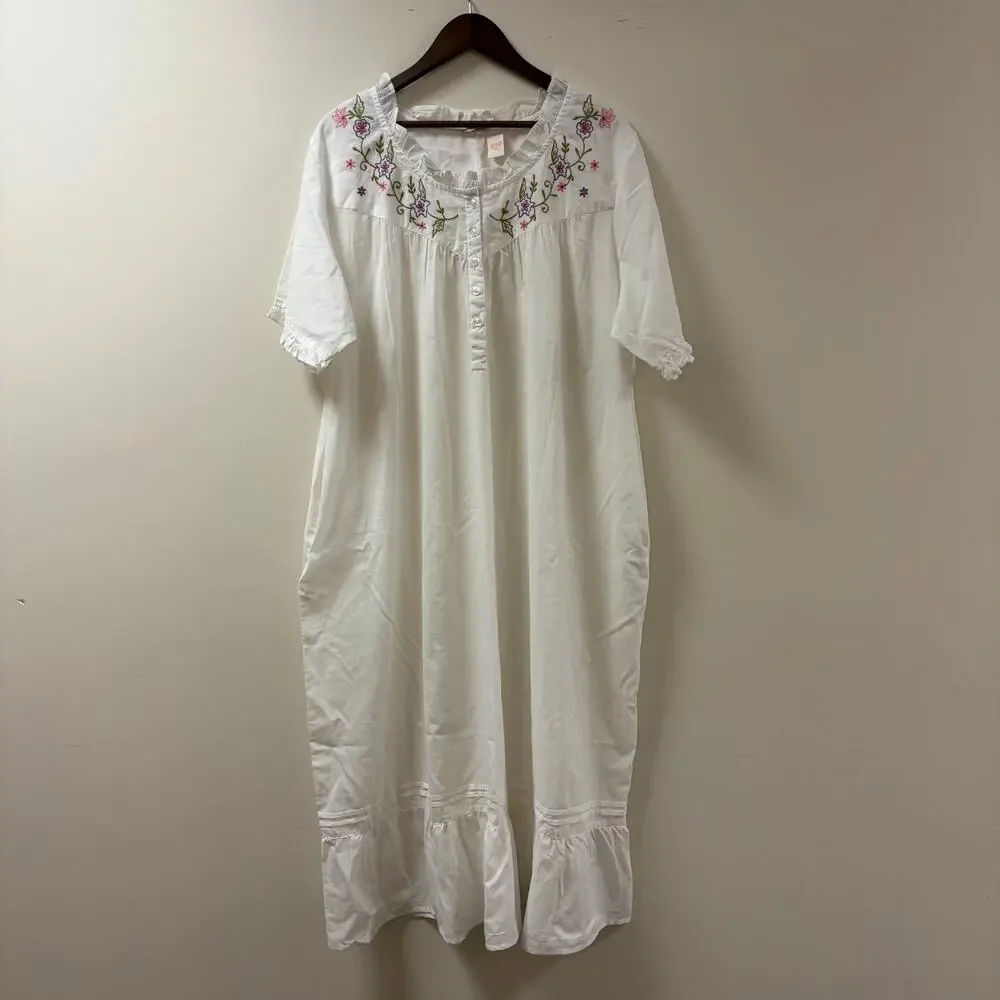 Floral Embroidered 100% Cotton Nightgown Pockets Boho PrairieCore Victorian XXL